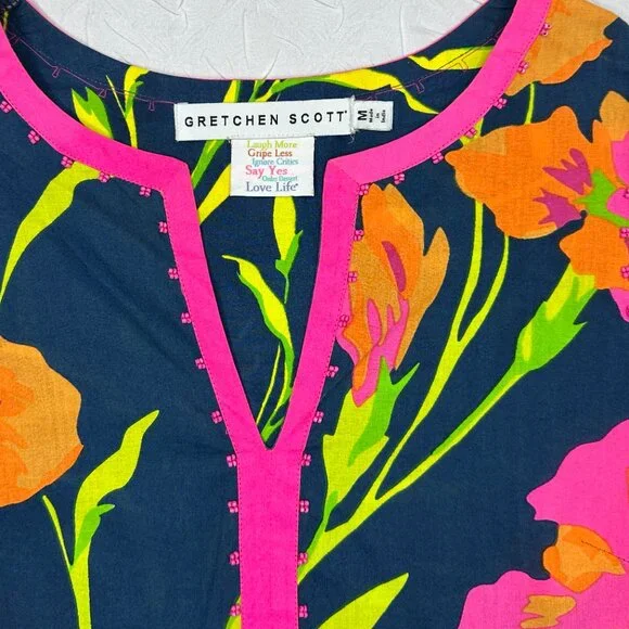 Gretchen Scott Bold Colorful Resort Beach Boho Floral Top, Medium Half Sleeves - Picture 4 of 6